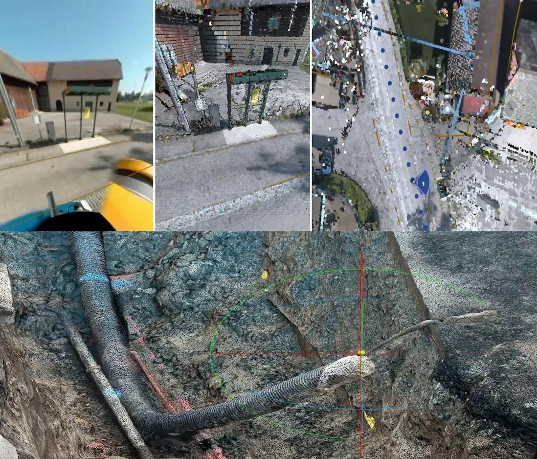 A compilation of images with representative results for 3D digital models and digital twins in an urban environment