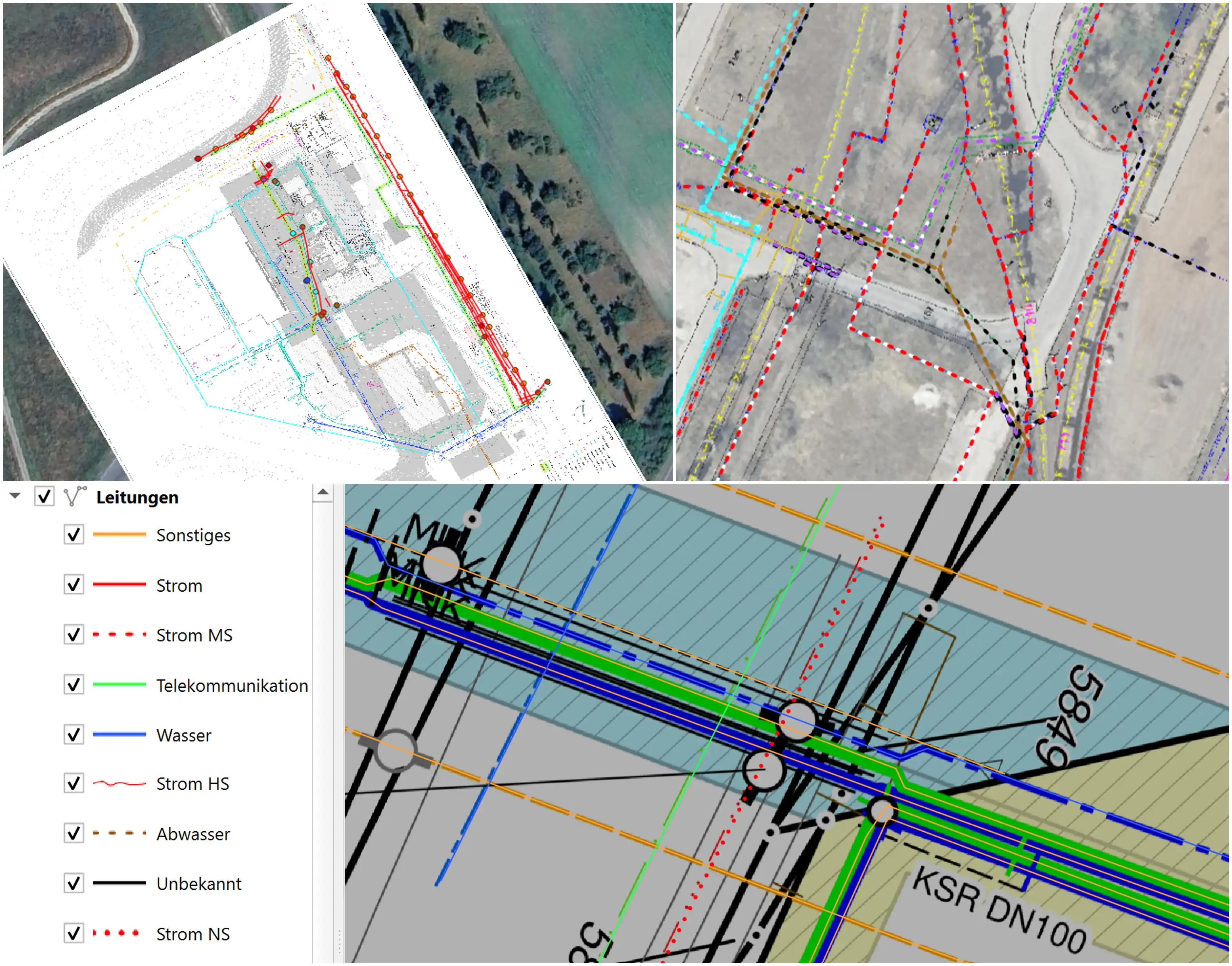 A collage of images with different results of digitization, georeferencing and GIS services such as digital maps