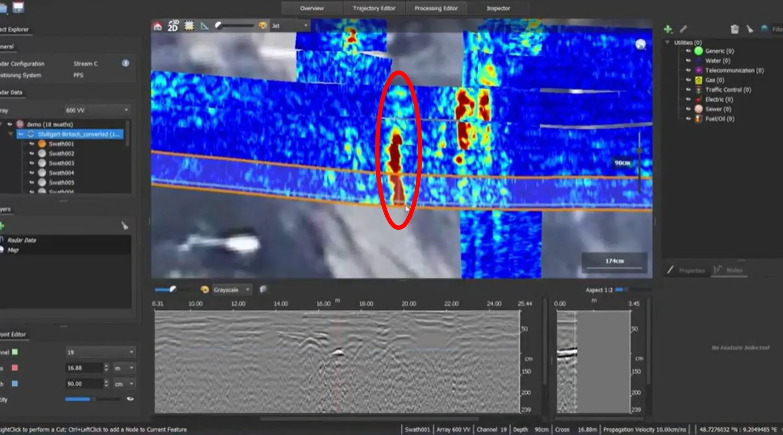 High-intensity anomaly in GPR data at 90cm depth