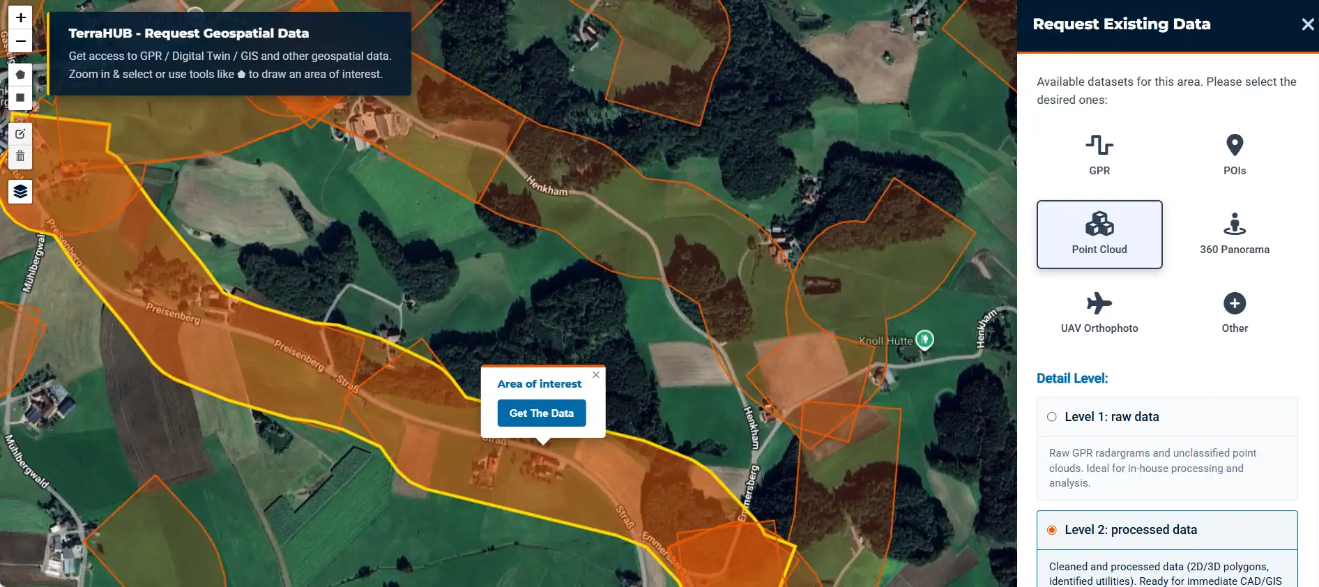 The user interface of a high-quality geospatial data platform called Terra Hub